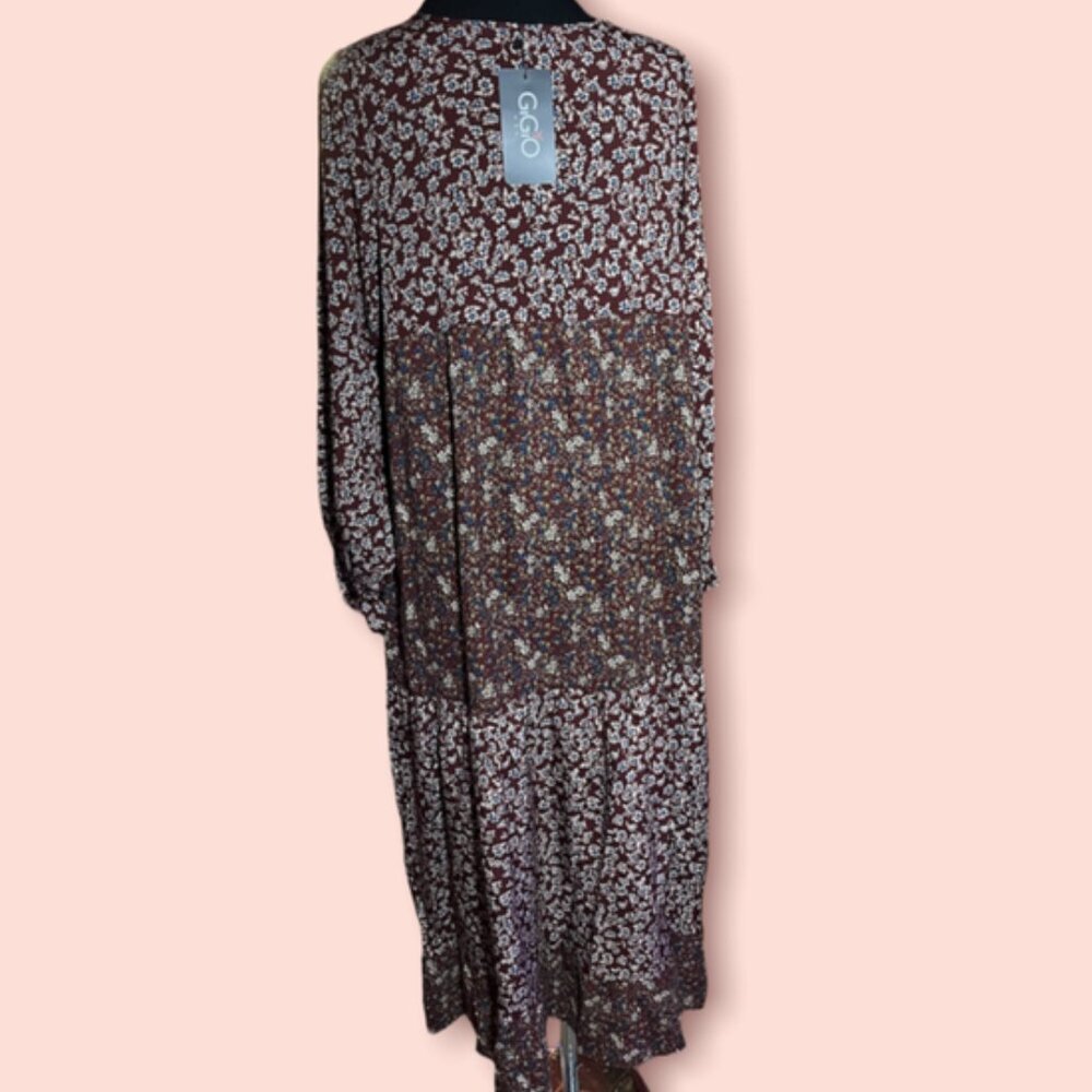 GiGiO Tiered prairie dress with tassel tie neck and floral pattern wine NWT - Picture 2 of 6